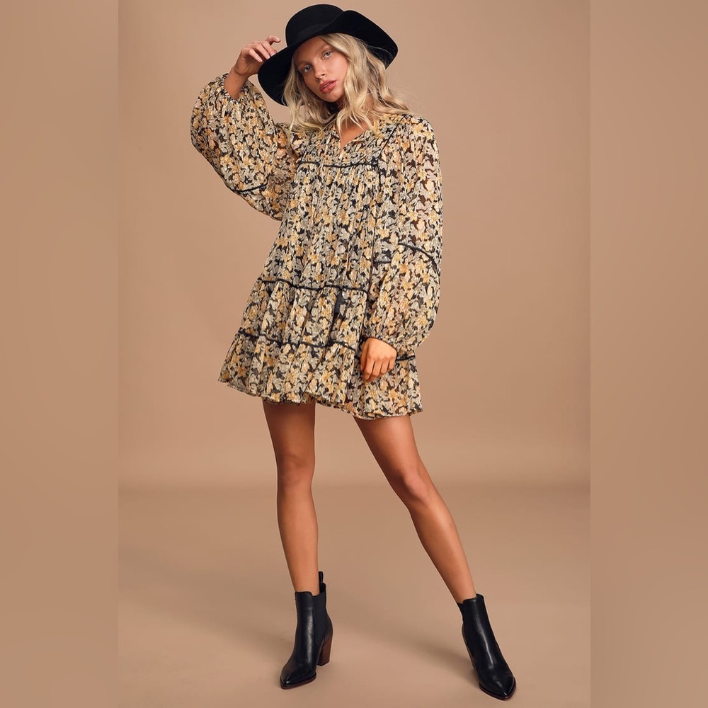 Free People Floral Mini Dress in Tan and Black - Picture 16 of 16